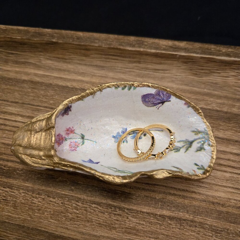 Oyster Shell trinket dish White with flowers and butterfly